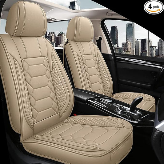 HAIYAOTIMES Leather Car Seat Covers Full Set, Waterproof Faux Leather Seat Covers for Cars, Non-Slip Car Interior Covers Universal Fit for Most Cars Sedans Trucks SUVs, Beige
