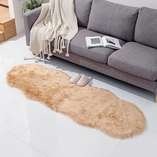 Faux Fur Rug Sheepskin Shag Fluffy Fuzzy Beige 2x6 ft Runner Rugs for Bedroom Bedside Bed Floor Living Room Plush High-Density Cushion Carpet Super Sofa Cover