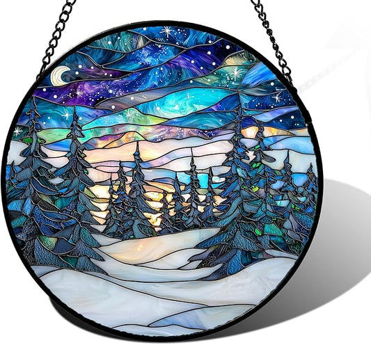 DASTOLL Stained Glass Window Hanging, Starry Sky Trees and Snow Sun Catchers Glass Panel Blue Suncatcher Decor for Birthday for Women, Men, Wife, Aunt, and Mom 7.8 in
