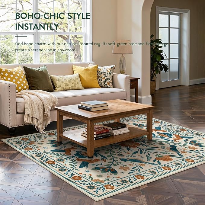 Moynesa Bedroom Rug 5x7, Washable Modern Bohemian Area Rugs for Living Room Dining Room, Farmhouse Floral Bird Print Pattern Carpet, Retro Home Decor Open Floor Areas Non-Slip Protection