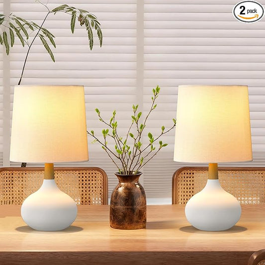 14" Ceramic Table Lamp Set of 2 with Natural Wood Stem & Linen Shade for Bedroom Decor,Modern Farmhouse Small Bedside Lamp for Nightstand, Living Room & Office (White)