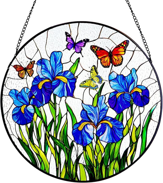 Stained Glass Window Hanging Iris Flower Suncatcher, Renyalora 10 Inch Round Glass Sun Catcher for Window Outdoor Garden Decor Butterfly Wall Art for Home, Patio, Porch Gift for Nature Lovers & Women