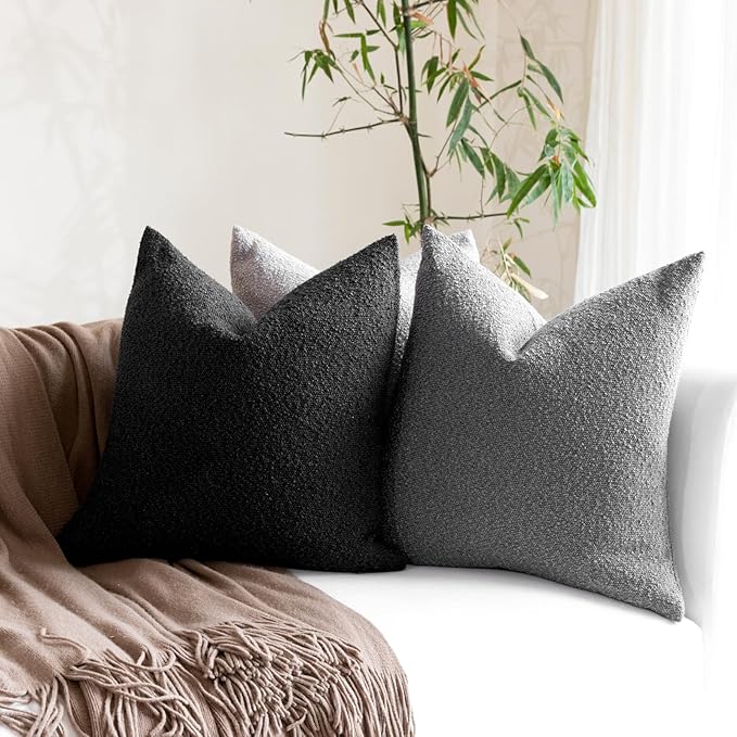 Boucle Decorative Throw Pillow Covers for Couch Set of 2, 20x20 inches, Black