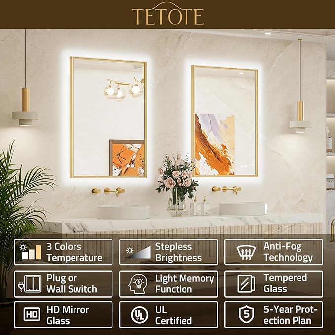 TETOTE 48 x 36 Backlit Bathroom Mirror Brushed Gold Metal Frame LED Light Vanity 3-Color White/Warm/Natural Stepless Dimmable Anti-Fog Backlight Mirror Wall-Mounted