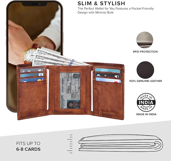 Tri fold Leather Wallet for Men with RFID | Slim Wallets for Men with 1 ID and 6 Credit card slots | Front Pocket Minimalist