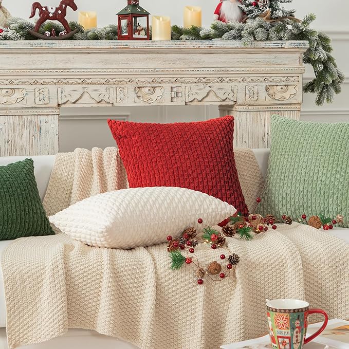 Kevin Textile Christmas Red Throw Pillow Covers Soft Corduroy Decorative Set of 2 Boho Striped Pillow Covers Pillowcases Farmhouse Home Decor for Couch Bed Sofa Living Room 26x26 Inch