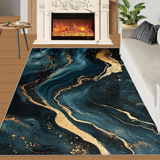 Marble Washable Area Rugs 6x9 Non-Slip Fluid Art Living Room Rug Gold Lines Soft for Carpet Low Pile Indoor Door Mat & Room Decor