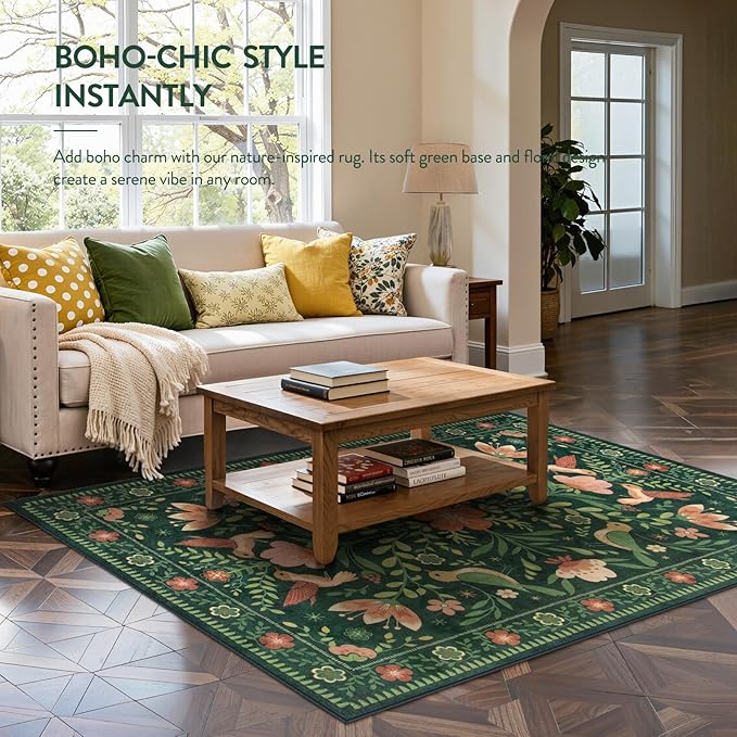 Moynesa Living Room Rug 5x7, Washable Modern Cottage Green Area Rugs for Bedroom Dining Room, Farmhouse Aesthetic Floral Bird Print Carpet, Vintage Home Decor Open Floor Areas Non-Slip Protection