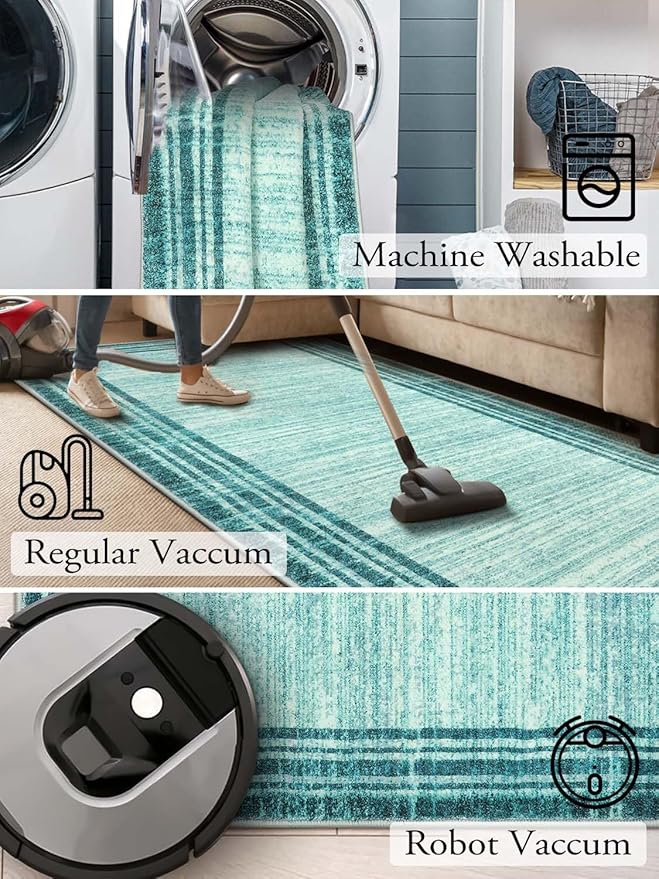 Lahome Modern Abstract Area Rug, Washable Teal 3x5 Kitchen Rugs Non Slip Large Entryway Rug Indoor, Low-Pile Soft Bathroom Mat Minimalist Throw Rug for Bedroom Living Room Stain Resistance