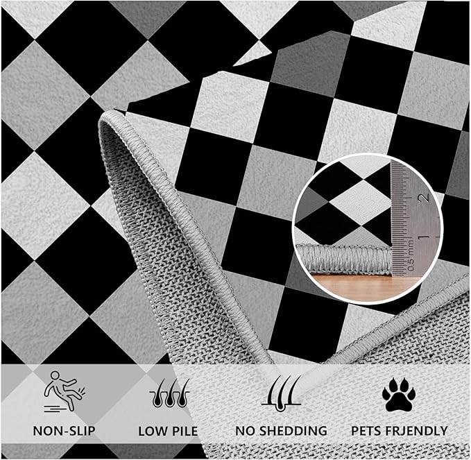 Black and White Rug 3x4, Rhombus Geometric Soft Ultra Soft Faux Wool Low Pile Rug, Indoor Floor Mats Carpet, Non-Slip Stain Resistant Washable Rugs, Modern Abstract Checkered Rugs for Living Room