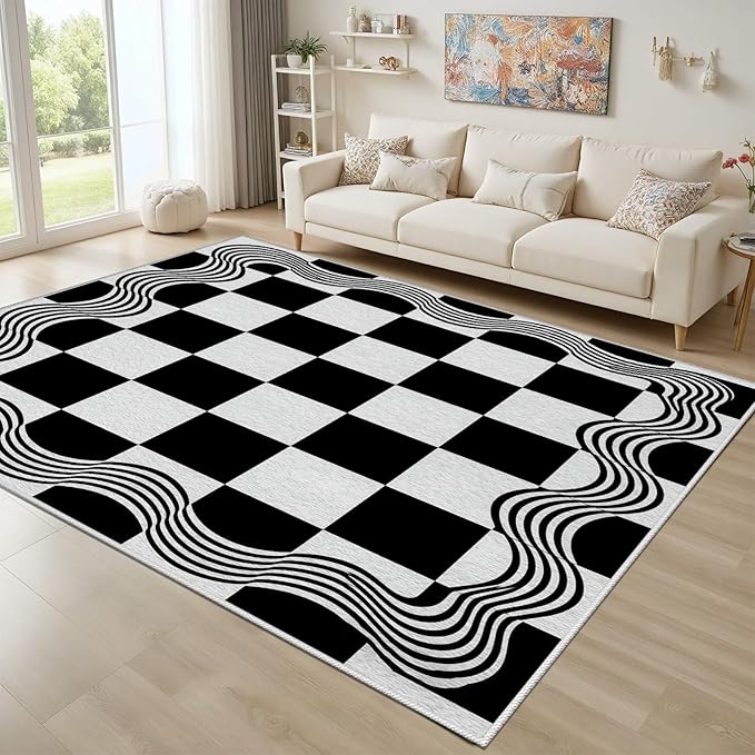 Checkered Rug 5x7, Checkerboard Rug, Geometric Plaid Washable Rugs, Modern Checkered Area Rugs, Wavy Line Carpet Non Slip for Bedroom Retro Home Decor Mat