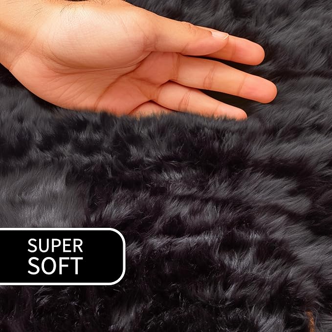 Super Area Rugs Ultra Soft & Fluffy Faux Sheepskin Rug, Black 5 X 5 Round Carpet for Bedroom Living Room