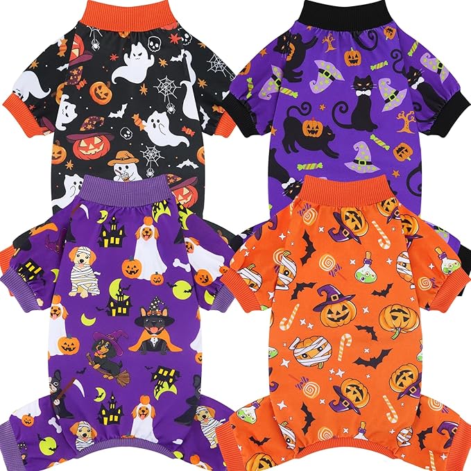 XPUDAC 4 Pack Halloween Dog Pajamas, Funny Ghost Halloween Costumes for Dogs, Soft Strechy Doggy Clothes for Small Medium Dogs Boy Girl, Pet Apparel, 2XL