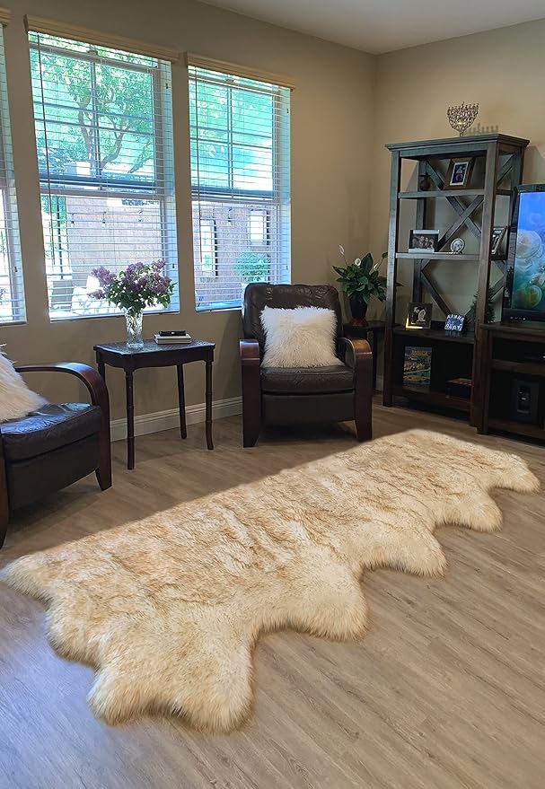 LAMBZY Faux Sheepskin Super Soft Hypoallergenic Silky Shag Rug for Living Room, Kids Room, Sofa (5 Pelts Side by Side 3'x10', White/Brown Tips)