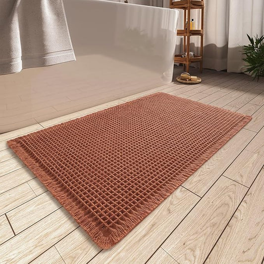 AMOAMI Upgraded Waffle Bath Mat, Super Absorbent Non Slip Bath Mats for Bathroom Floor, Machine Washable Bathroom Rugs with Tassels, Rubber Backed Bathroom Mats, Ultra Soft, 17" x 24", Dirty Orange