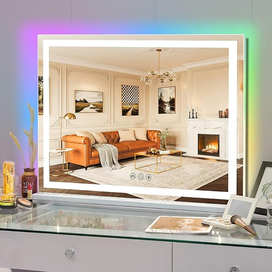 FENCHILIN Vanity Mirror with Lights, 32" x 23" RGB Backlit + Front Lit Large Hollywood Makeup Vanity Mirror LED Strip with 3 Colors Modes Smart Touch for Dressing Room & Bedroom White