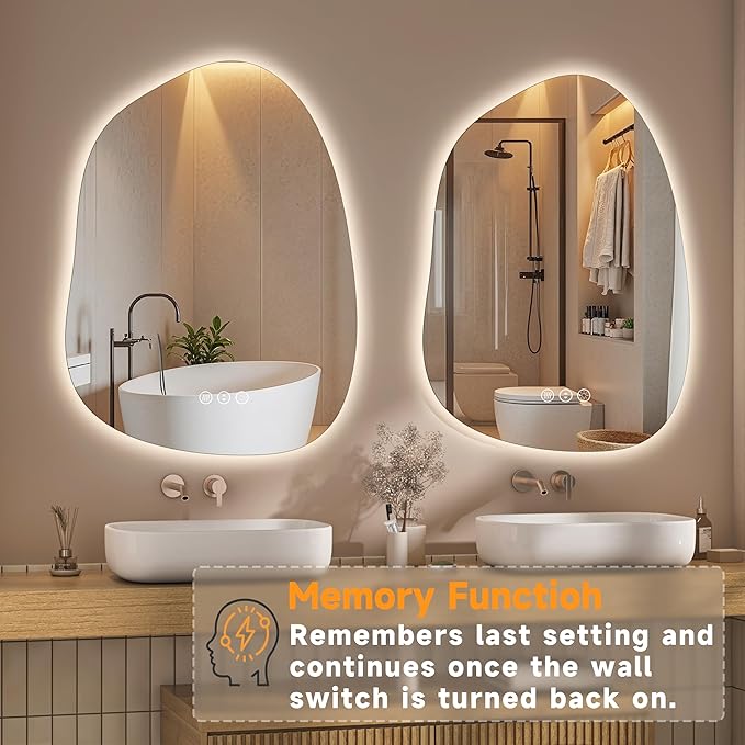 Hasipu Irregular Wall Mirror with Lights- 40"x30" Large Vanity Mirror with Anti-Fog, 3 Color Modes,Dimmable Light, Memory Function, Backlit Wall Mount, Horizontal/Vertical