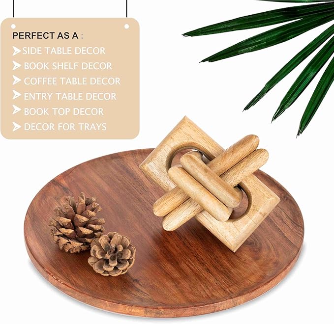 Boho Wooden Chain Links Decorative Object for Coffee Table & Shelf | Handmade Mango Wood Knot Sculpture Rustic Modern Arch Décor for Living Room, Entryway, Console, Office Home Accent (Natural)