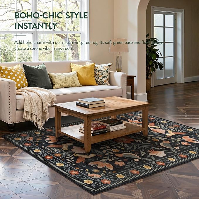 Moynesa Bedroom Rug 5x7, Washable Modern Transitional Black Area Rugs for Living Room Dining Room, Farmhouse Floral Bird Print Carpet, Folk Art Home Decor Open Floor Areas Non-Slip Protection