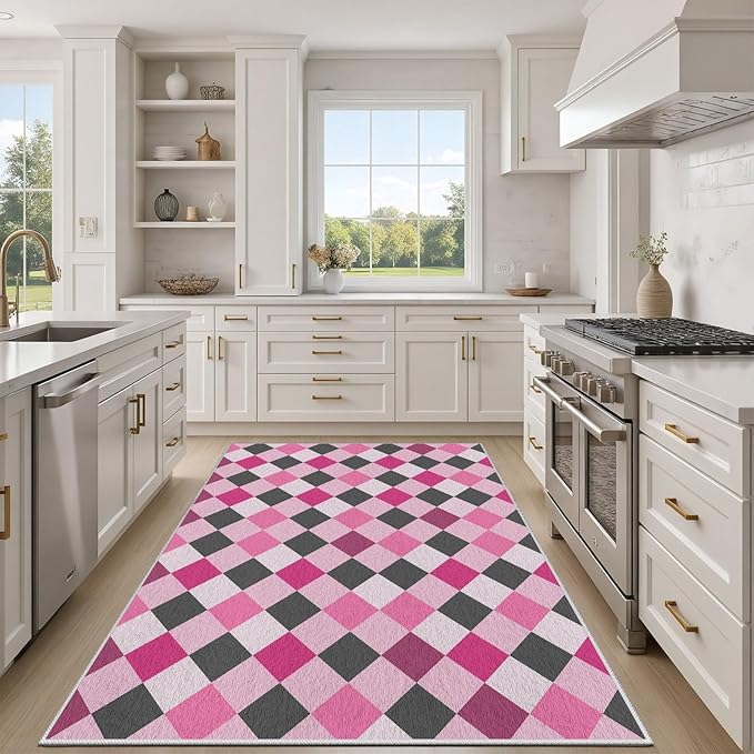 Diamond Checkered Rug 4x6, Soft Ultra Soft Faux Wool Abstract Geometric Rugs, Indoor Floor Mats Carpet, Non Slip&Non-Shedding Low Pile Washable Rugs, Modern Red Rug for Bedroom