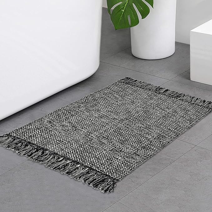 Collive Black Bathroom Rug, 2' x 3' Hand-Woven Washable Small Kitchen Rugs, Cotton Reversible Entryway Rug Modern Farmhouse Carpet for Foyer Bedroom Back Door