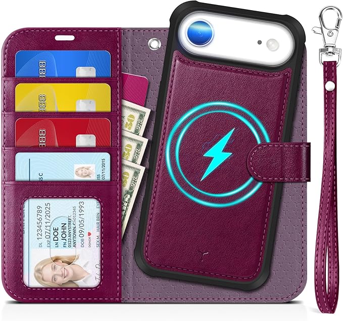 TUCCH Detachable Case Wallet for iPhone Air (6.5") 2025, Wrist Strap | 4 Card Slots RFID Blocking | Wireless Charging | Stand | 2-in-1 Magnetic | PU Leather | Shockproof Folio Cover | Plum Purple