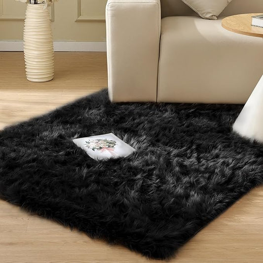 Black Faux Sheepskin Washable Fluffy Fur Rugs for Bedroom Fuzzy Nursery Rug 3x5 Rectangle Rug Cute Room Home Décor