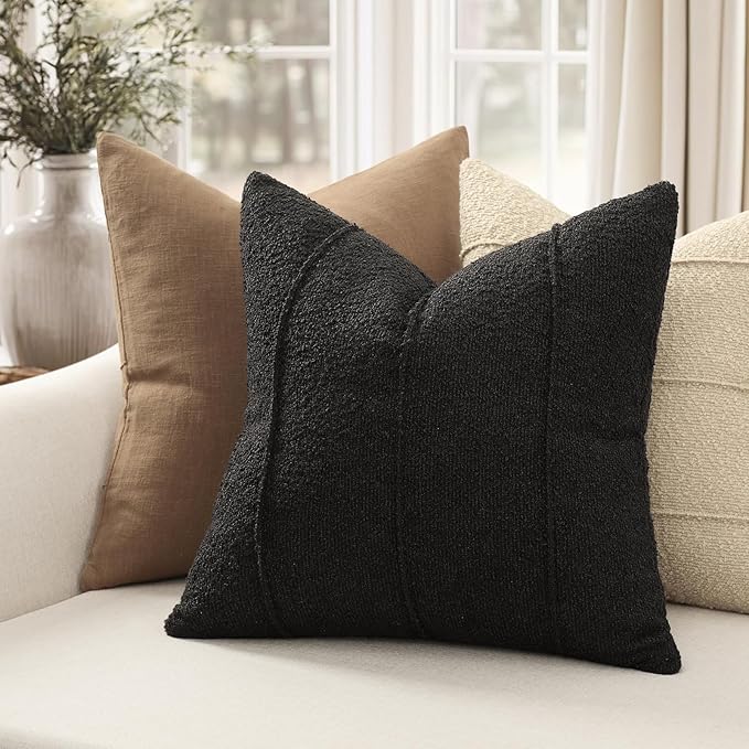 YCOLL Textured Boucle Throw Pillow Covers 20x20 Pack of 2 - Soft Neutral Striped Cushion Covers, Cozy Accent Decorative Pillow Covers for Couch, Sofa, Bed, Living Room (Black)