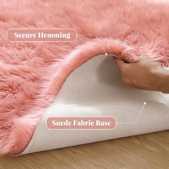 Shag Area Rugs 9x12 Rugs for Living Room Pink Washable Fluffy Sheepskin Fur Rugs for Bedroom Nursery Fuzzy Rug
