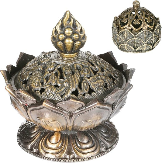 2 Pcs Small Vintage Lotus Flower Incense Holder 2.9'' x2.7'' and 1.1'' x 1'' Super Mini Classic Lotus Incense Burner with Lid Elegant Desktop Ornament for Home Office Yoga Spa Teahouse(2 Size)