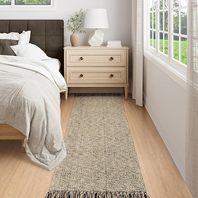 Collive Long Hallway Runners Rug 2.6x7, Farmhouse Washable Kitchen Runner Rug for Bedroom, Natural/Black Braided Woven Entryway Rug Low-Profile Front Door Floor Carpet for Laundry Bathroom Living Room