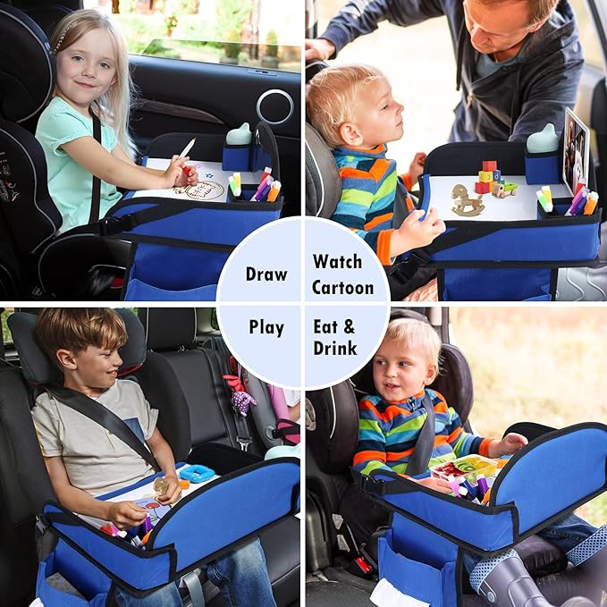 WENRENER Kids Travel Tray for Airplane - Toddler Car Seat Table Tray, Road Trip Essentials for Boys & Girls, Carseat Lap Desk for Kids Road Trip Activities(Navy Blue)