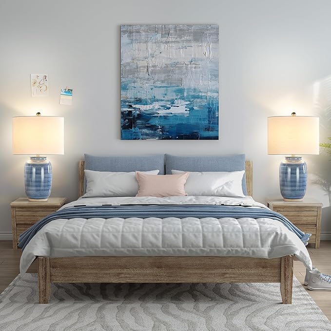 Maxax 25" Blue Table Lamp for Living Room, Modern Ceramic Lamp with White Shade, Coastal Blue Bedside Nightstand Lamp for Bedroom Home Office
