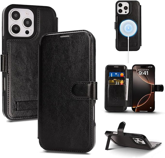 CIVICASE for iPhone 16 Pro Wallet Case with Stand,PU Leather Flip Credit Card Holder Slots (RFID Blocking),Compatible with Magsafe Magnetic Holder Phone Cover Women Men,Black