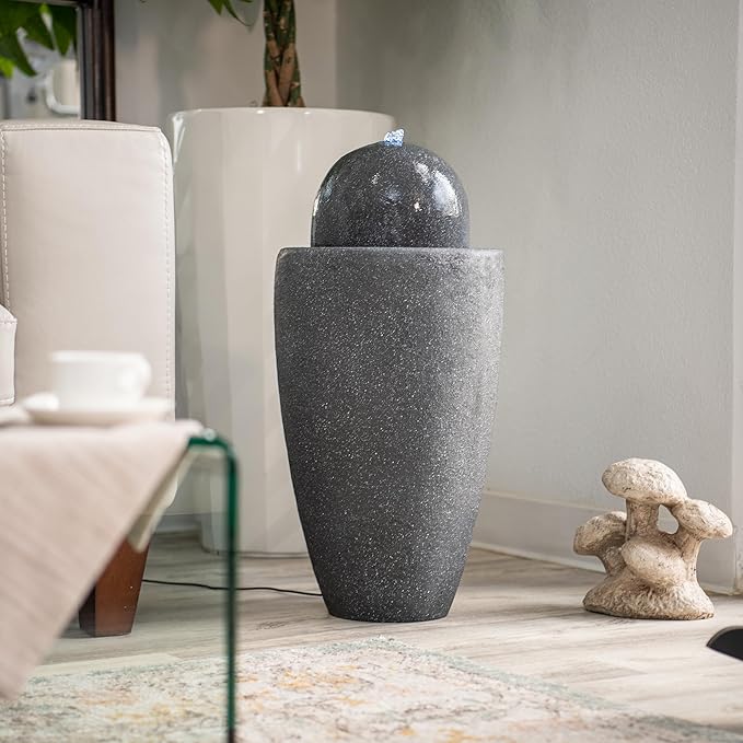 XBrand 25.98" H Blue Round Stone Indoor/Outdoor Modern Sphere Water Fountain w/LED Lights – Ball Bubbling Fountain Décor for Garden, Patio, or Tabletop