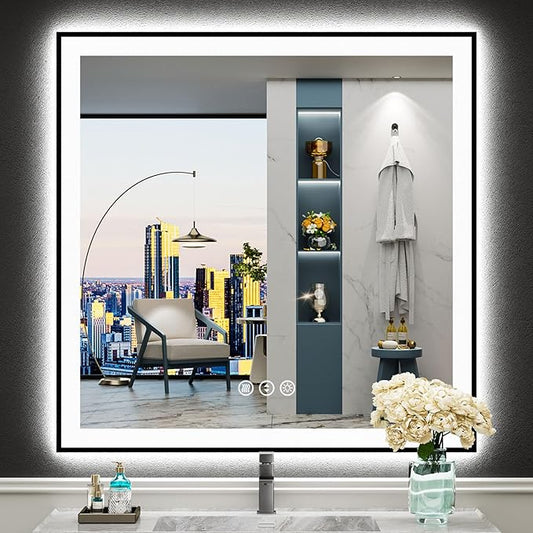 36x36 Black Framed LED Bathroom Mirror with Lights, Backlit & Front Lit, Anti-Fog Lighted Vanity Mirrors for Bathroom Wall, Dimmable, 3 Colors, Memory, Shatter-Proof, Tempered Glass, CRI＞90