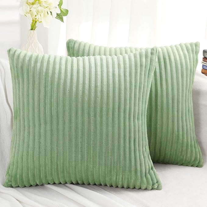 Simmore Decorative Spring Throw Pillow Covers 20x20 Set of 2, Soft Natural Plush Flannel Double-Sided Fluffy Couch Pillow Covers for Sofa Living Room, Sage Green