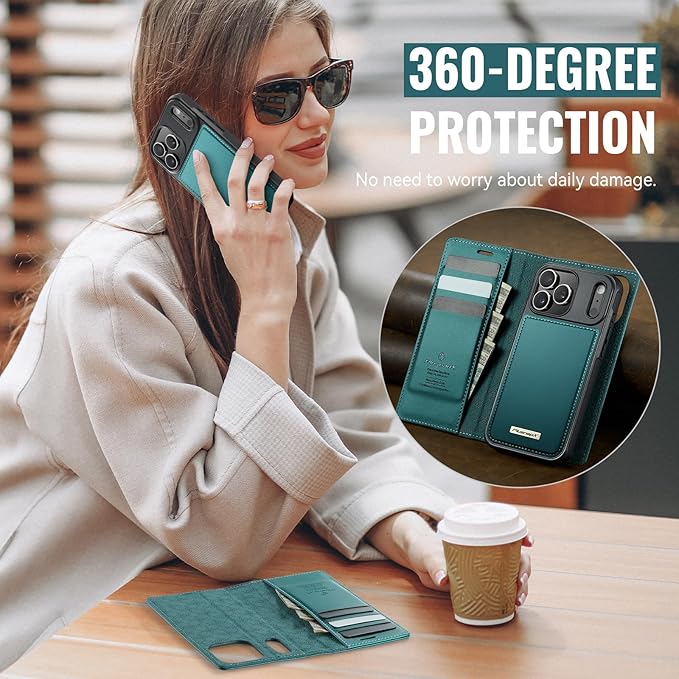 PlusnapX Wallet Case for iPhone 17 Pro Max Compatible with Magsafe, 2-in-1 PU Leather Flip RFID Blocking Card Holder Stand Shockproof Magnetic Detachable Cover for iPhone 17 Pro Max 6.9", Bluegreen