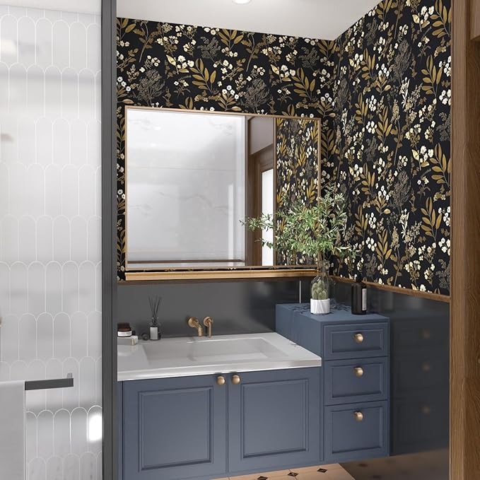 Vintage Wallpaper Peel and Stick Black Floral Wallpaper 17.5'' x 393'' Gold Leaf Contact Paper Vinyl Waterproof Self Adhesive Boho Botanical Wall Paper for Bedroom Shlef Cabinet Décor