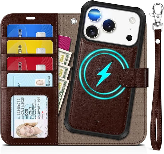 TUCCH 2-in-1 Detachable Wallet Case for iPhone 17 Pro (6.3-inch) 2025, Wireless Charging | RFID Blocking 4 Card Holders | Wrist Strap | Kickstand | Magnetic | PU Leather Folio Cover | Chocolate Brown