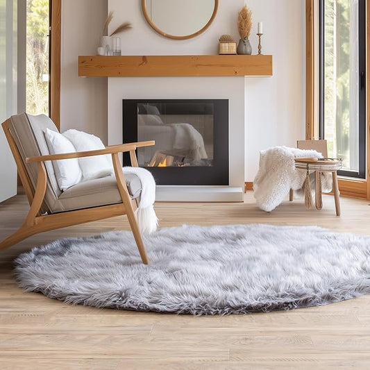 3 ft Round Fluffy Gray Rug – Plush Faux Fur Rug for Bedroom, Living Room, or Nursery – Cozy Faux Sheepskin Home Decor
