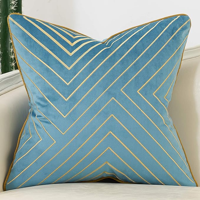 Avigers 18 x 18 Inch Grey Blue Gold Striped Geometric Lines Embroidery Velvet Cushion Case Luxury Modern Throw Pillow Cover Decorative Pillow for Couch Living Room Bedroom Car 45 x 45cm