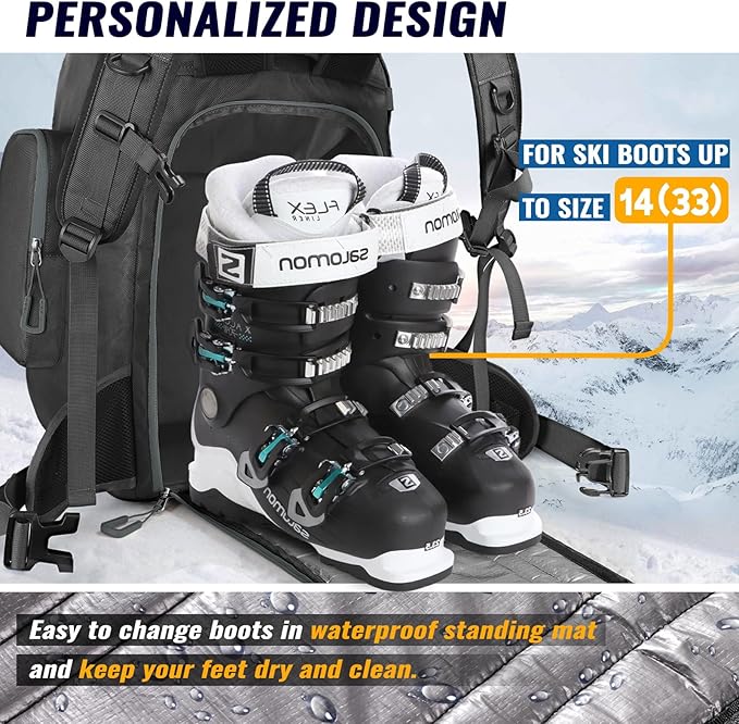Ski Boot Bag, 65L Durable Travel Backpack, 1680D Nylon Waterproof Snowboard Boot Bag, Skiing and Snowboarding Travel Luggage for Helmet, Goggles, Gloves, Outerwear & Accessories