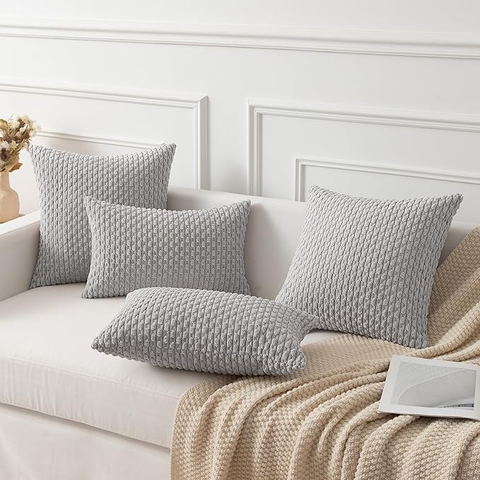 Kevin Textile Super Soft Plush Corduroy Solid Textured Large Boho Throw Euro Pillow Sham Cushion Cover for Couch Floor 2 Pcs 24 x 24 Inch (60cm) Light Grey