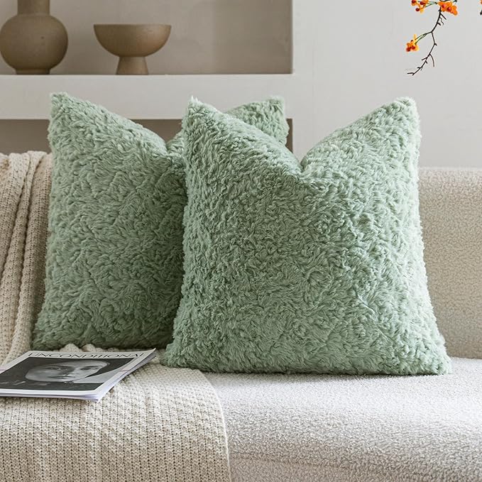 Neelvin Set of 2 Faux Fur Throw Pillow Covers 20x20 Inch Sage Green Cozy Soft Solid Decorative Pillowcases Thick Plush Sheepskin Cushion Case for Chair and Couch Sofa Bedroom