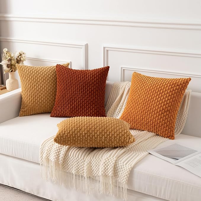 Kevin Textile Throw Pillow Covers Soft Corduroy Decorative Set of 2 Boho Striped Pillow Covers Pillowcases Farmhouse Home Decor for Couch Bed Sofa Living Room 16x16 Inch Gold