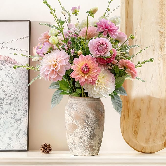 Rustic Ceramic Vase, 8.2 Inch Terracotta Rustic Vase, Farmhouse Decorative Vase Boho Decor, Christmas Decorative Vintage Flower Vase Home Decor, Living Room, Entryway, Holiday Wedding New Year Gifts