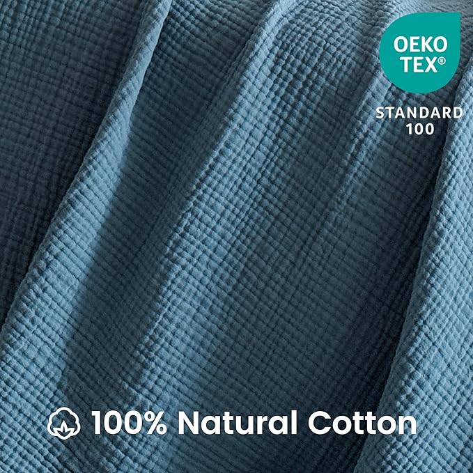FALUCA Cotton Muslin Reversible Blanket Twin Size for Bed, Couch, Four Layers Blanket, Soft Lightweight Cozy Breathable Farmhouse Decoration for All-Season, Light Blue