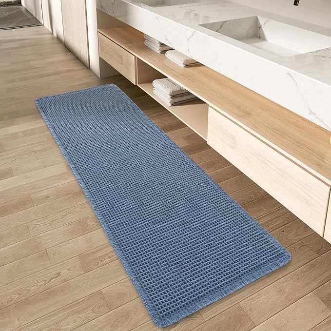 AMOAMI Upgraded Waffle Runner Rug Super Absorbent Non Slip Bath Mats for Bathroom Machine Washable Bathroom Runner Rug with Tassels, Ideal for Hallway Bedroom Laundry Room, 17" x 72", Blue
