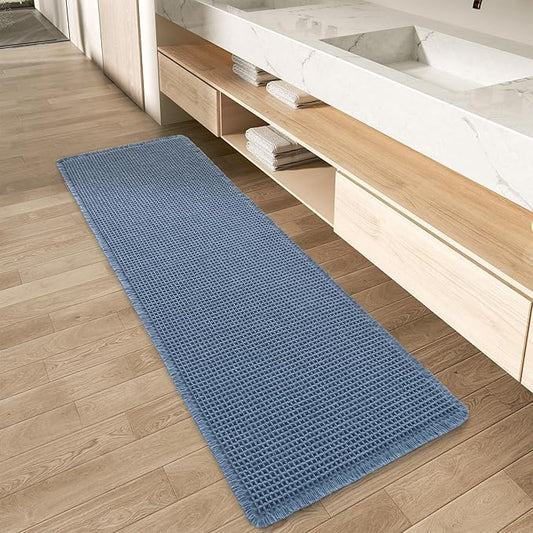 AMOAMI Upgraded Waffle Runner Rug Super Absorbent Non Slip Bath Mats for Bathroom Machine Washable Bathroom Runner Rug with Tassels, Ideal for Hallway Bedroom Laundry Room, 17" x 72", Blue